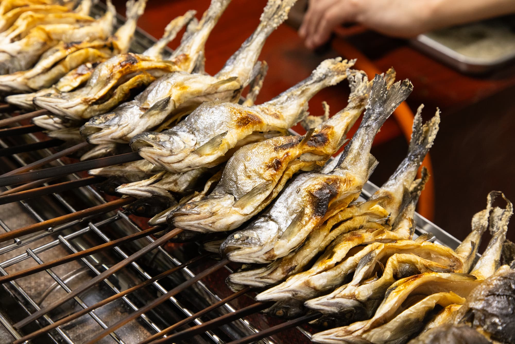 串に刺して焼いた川魚